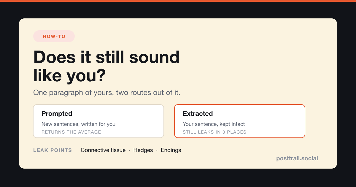 A card headed "Does it still sound like you?" showing two routes out of one paragraph of your writing: a Prompted route, which writes new sentences and returns the average, and an Extracted route, which keeps your sentence intact but still leaks in three places — connective tissue, hedges and endings
